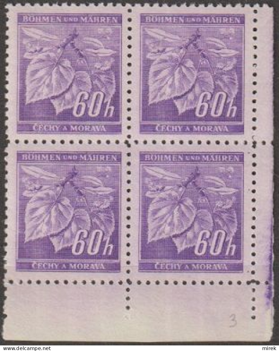 10/ Pof. 54, Light Violet; Corner 4-block, Print Plate 3 - Neufs