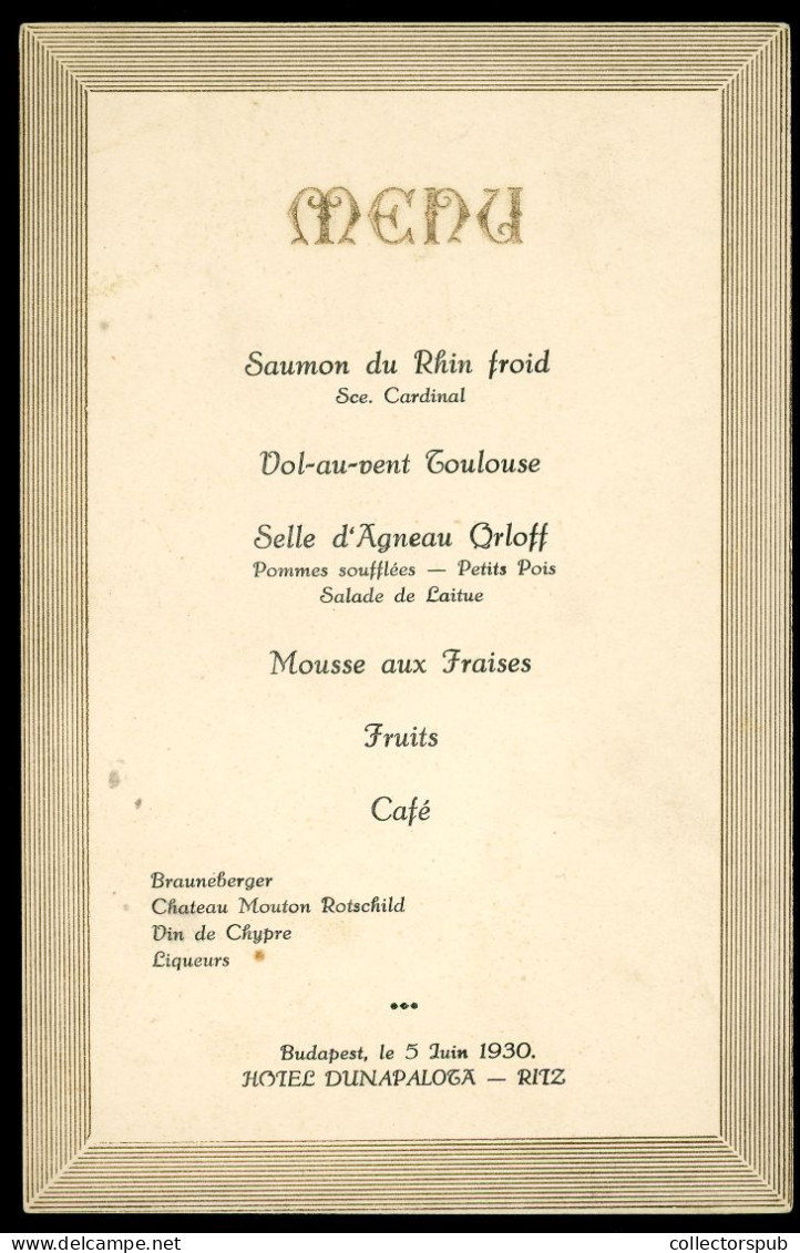 HUNGARY BUDAPEST 1930. Hotel Ritz Vintage Menu Card - Menus