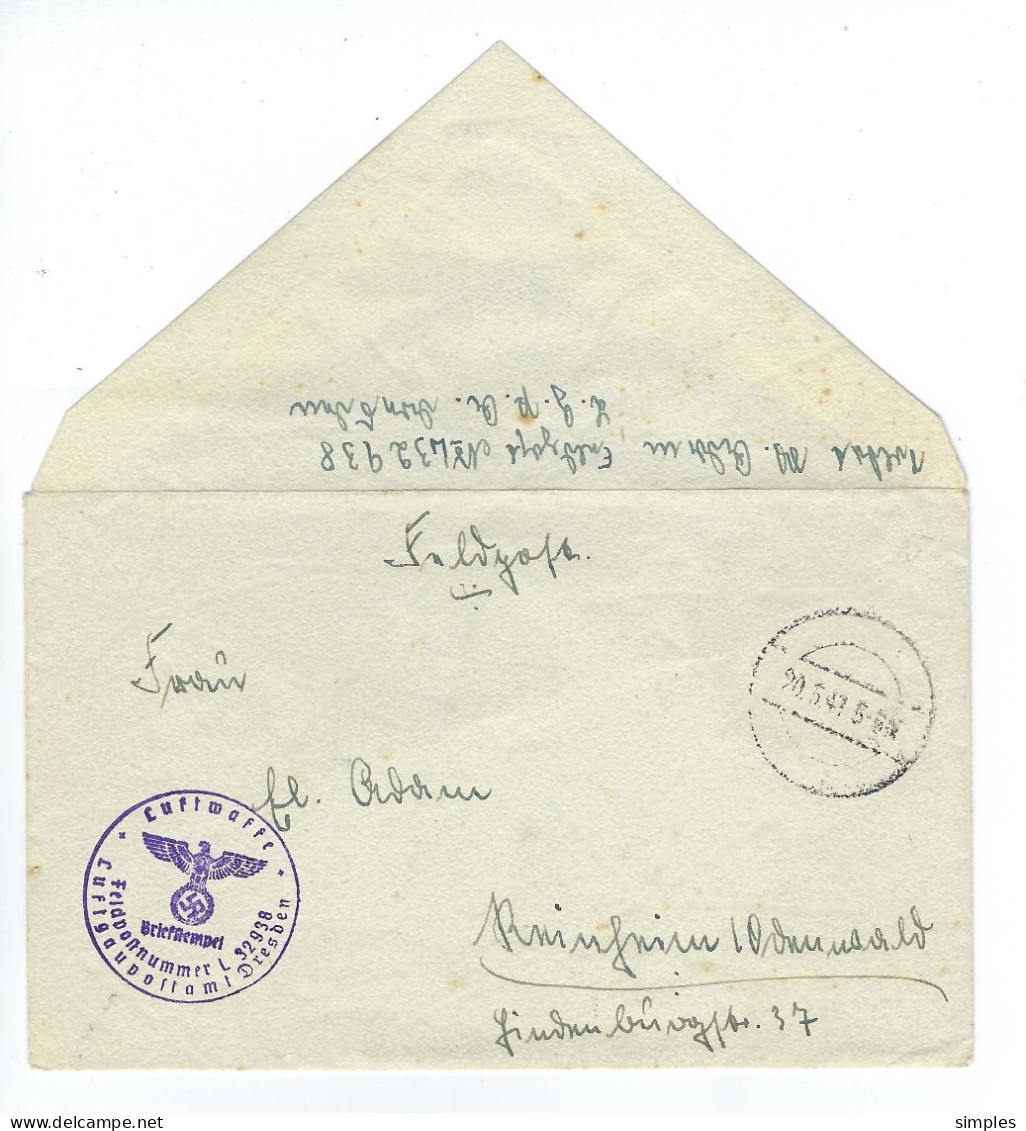 Lettre En Franchise Feldpost Avec Cachet LUFTWAFFE  FPN 32938 De 1943 ( DRESDE, DRESDEN) - Aviation Allemande ( 6 Scans) - Brieven En Documenten