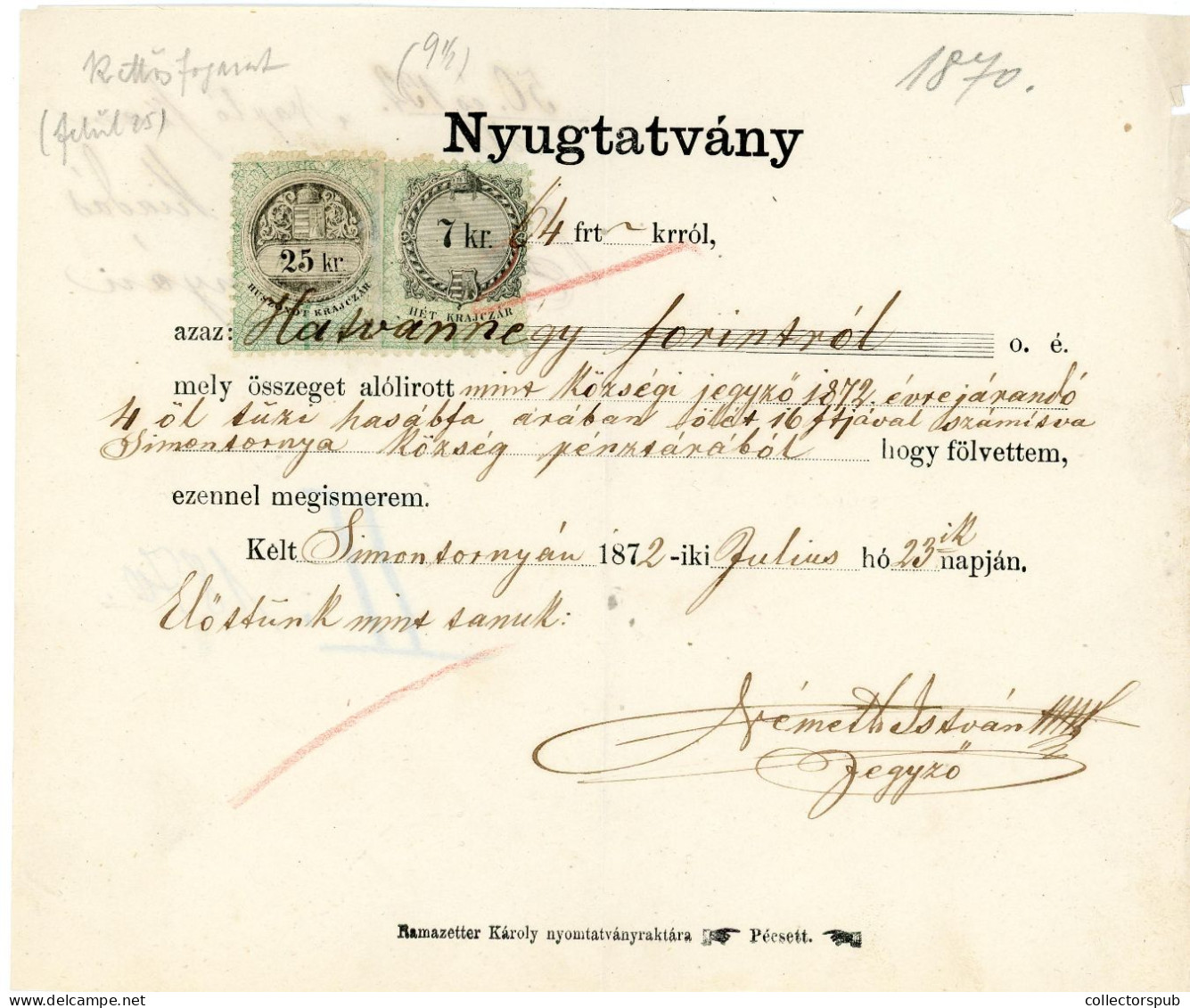 HUNGARY SIMONTORNYA 1872. Nice Document With Revenue Stamps - Revenue Stamps