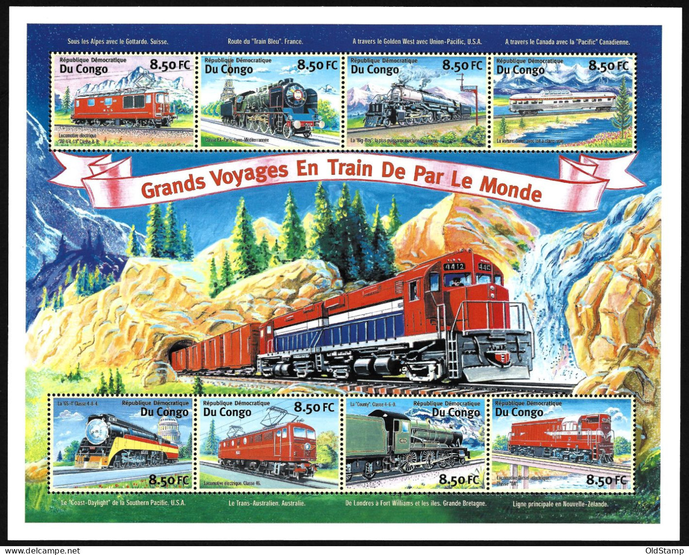 Congo 2001 MNH Trains Railroad Steam Locomotive Railways Grand Voyages En Train De Par Le Monde Stamps Block Minisheet - Eisenbahnen