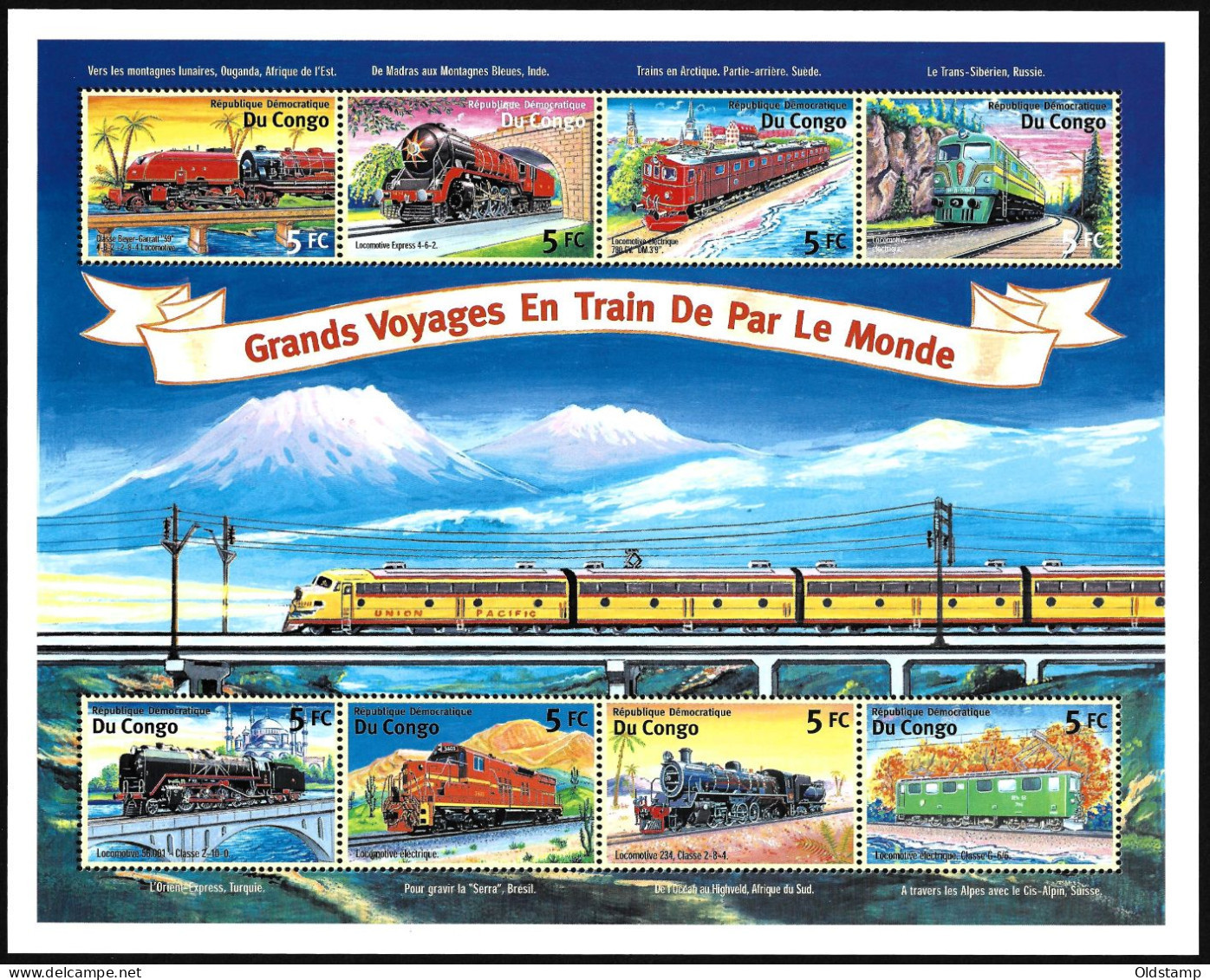 TRAINS Congo 2001 Railroad Steam Locomotive Railways Grand Voyages En Train De Par Le Monde Stamps Block - Eisenbahnen