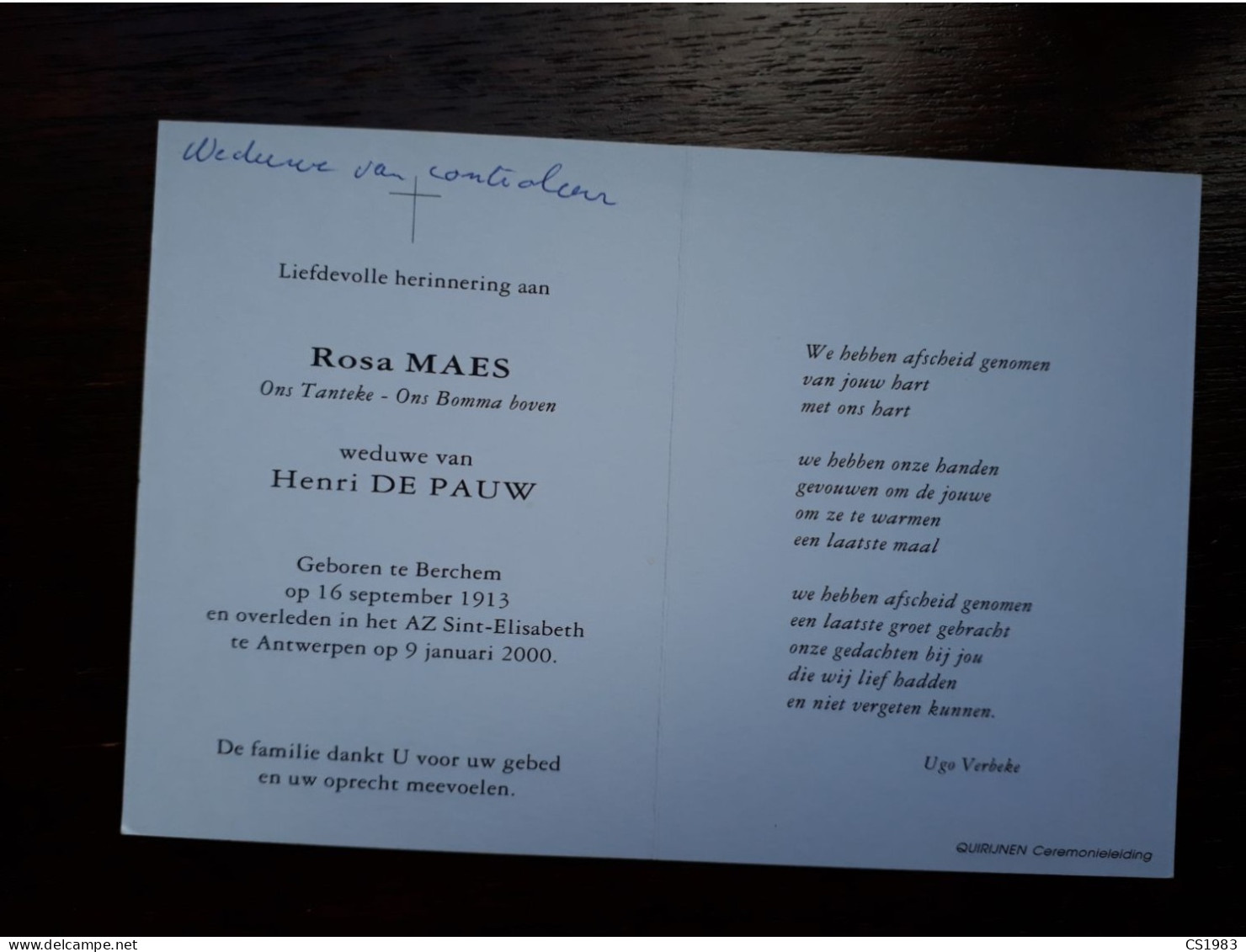 Rosa Maes ° Berchem 1913 + Antwerpen 2000 X Henri De Pauw - Obituary Notices