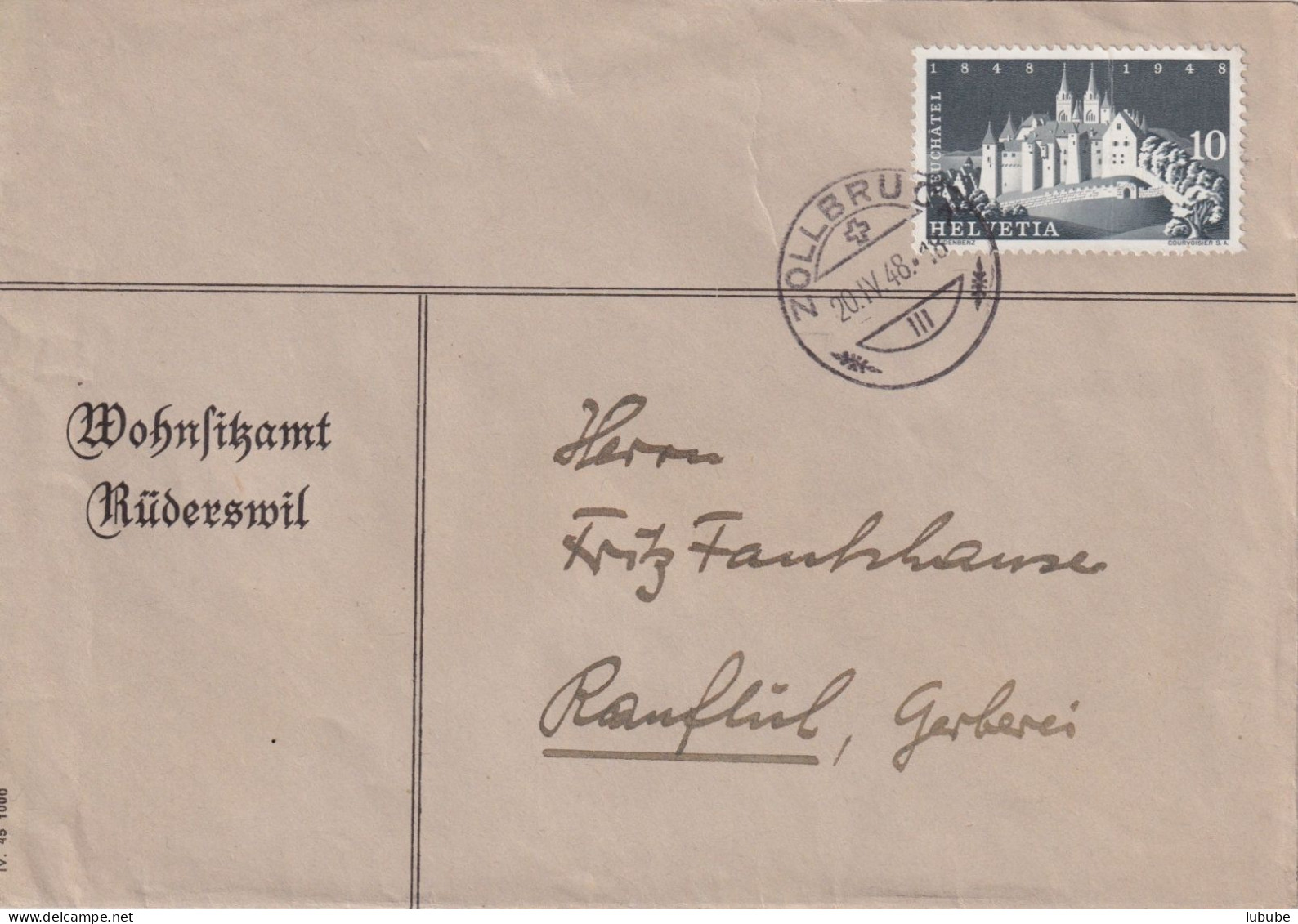 Motiv Brief  "Wohnsitzamt Rüderwil" - Ranflüh       1948 - Lettres & Documents