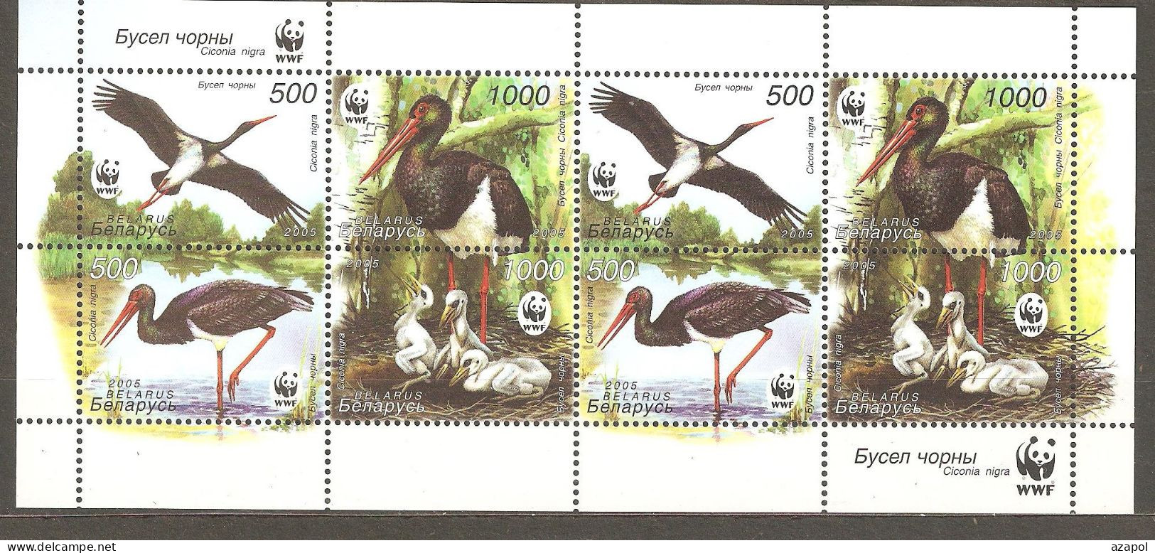 Belarus: 4 Mint Stamps In Sheetlet, Birds - WWF - Black Stork, 2005, Mi#597-600, MNH - Unused Stamps