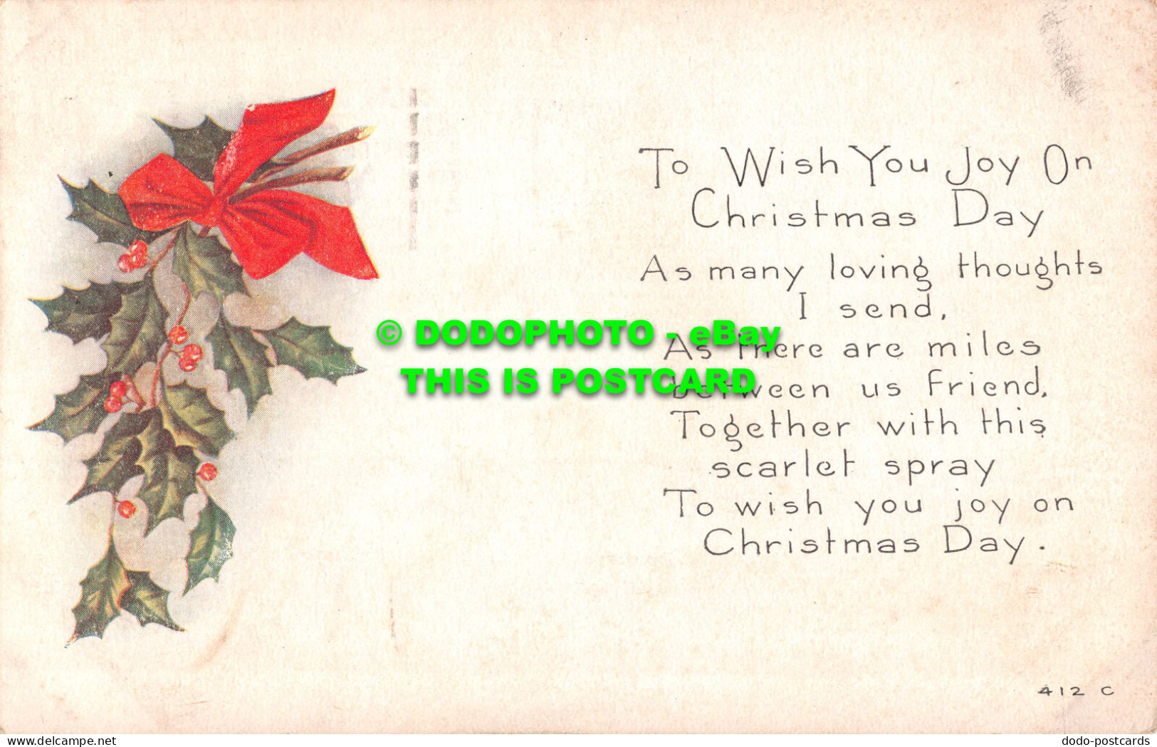 R531084 To Wish You Joy On Christmas Day. 412 C Owen Card Pub. Elmira. 1917. Gre - Monde