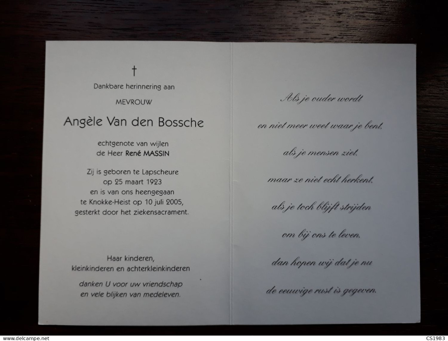 Angèle Van Den Bossche ° Lapscheure 1923 + Knokke-Heist 2005 X René Massin - Obituary Notices