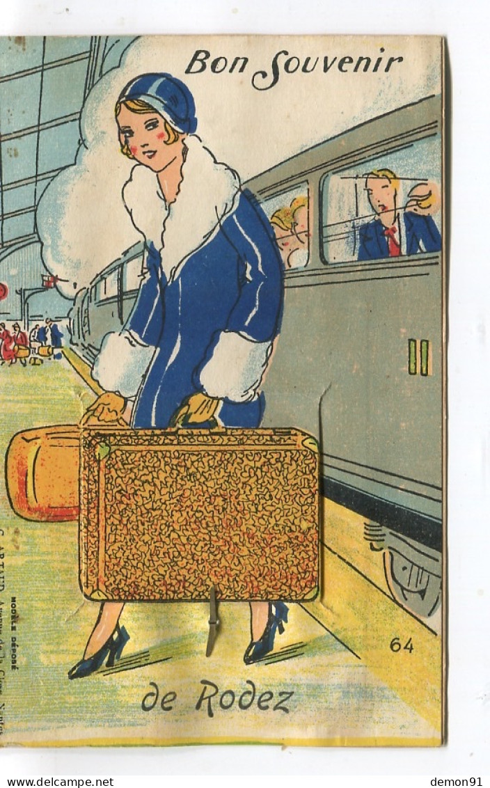 CARTE SYSTÈME BON SOUVENIR DE RODEZ - FEMME AVEC VALISE DESCENDANT DU TRAIN A LA GARE - - Rodez