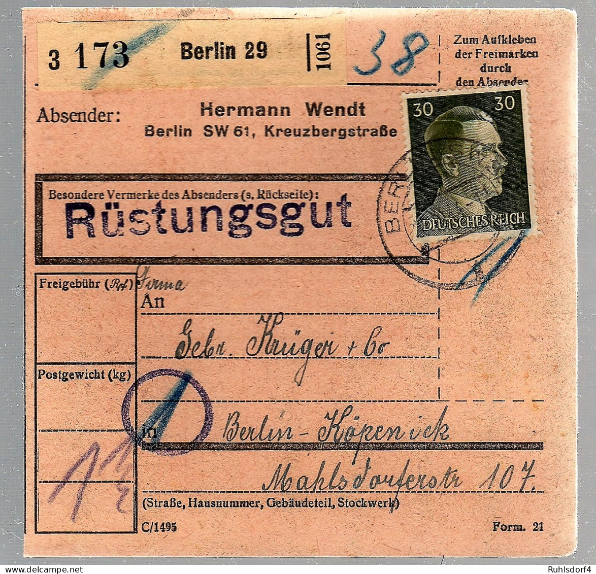 Paketkarte "Rüstungsgut" Mit EF 30 Pfg. Hitler - Altri & Non Classificati