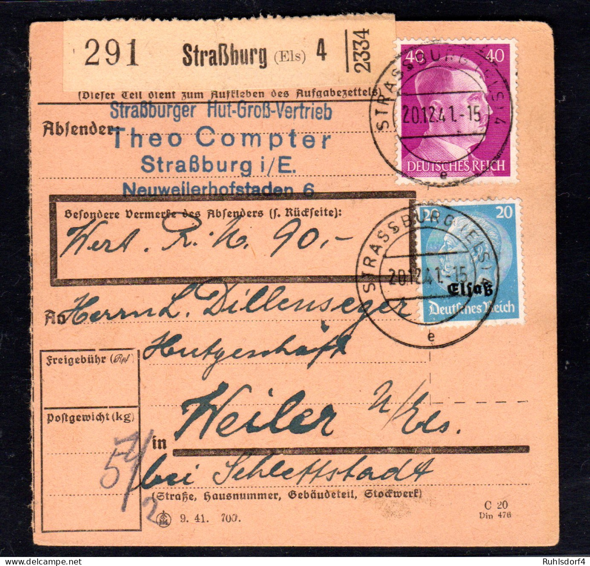 Elsaß, Wertpaket-Kartre Mit Mi.F. DR + Mi.-Nr. 9 - Besetzungen 1938-45