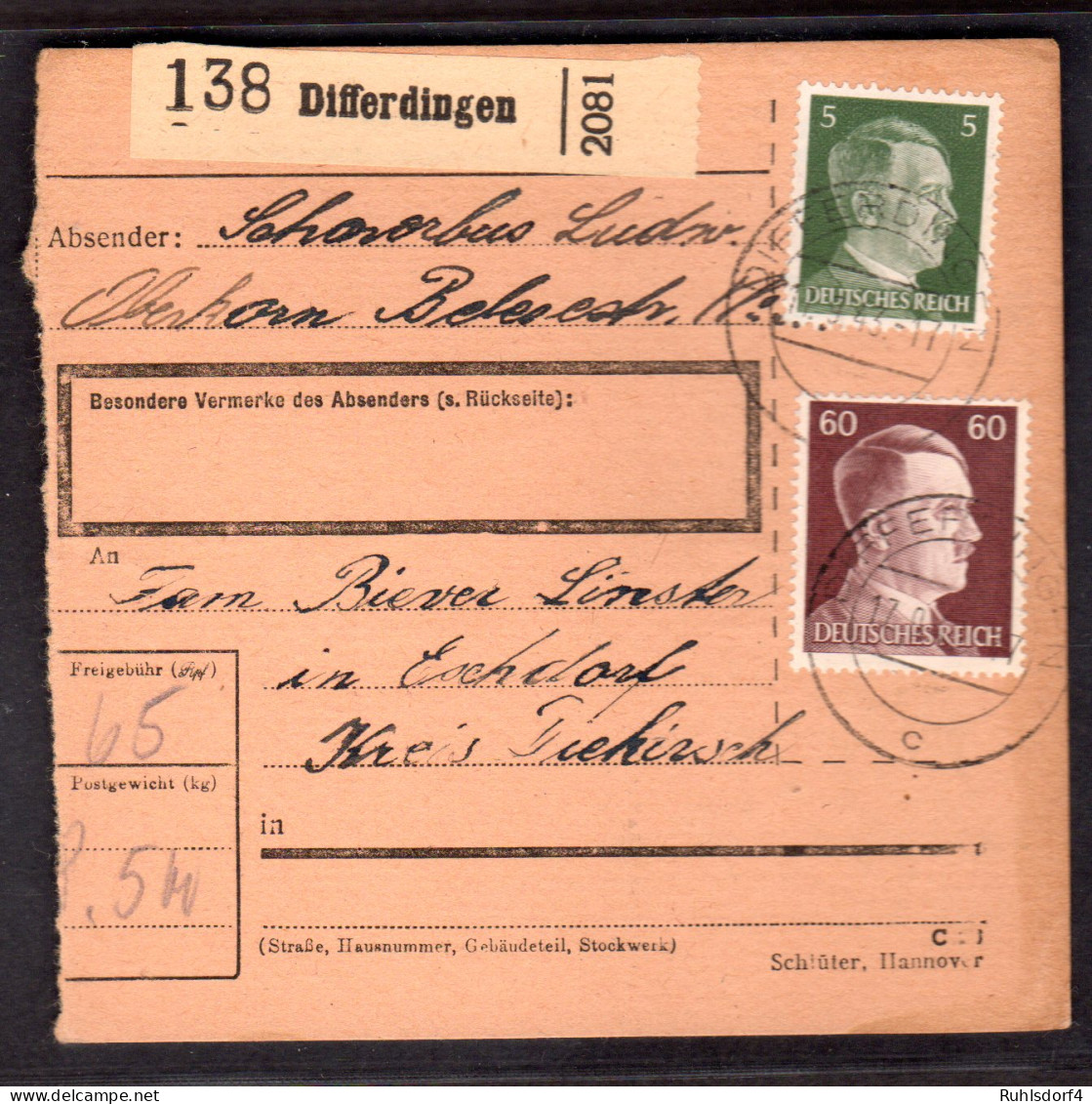Dt. Besetzung Luxemburg Paketkarte Differdingen - Occupation 1938-45