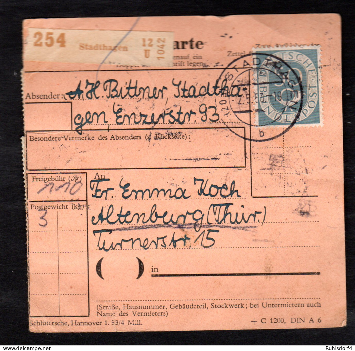 Bund. Posthorn-Paketkarte Mit Mi.-Nr. 125 I, Befund Schlegel. - Briefe U. Dokumente