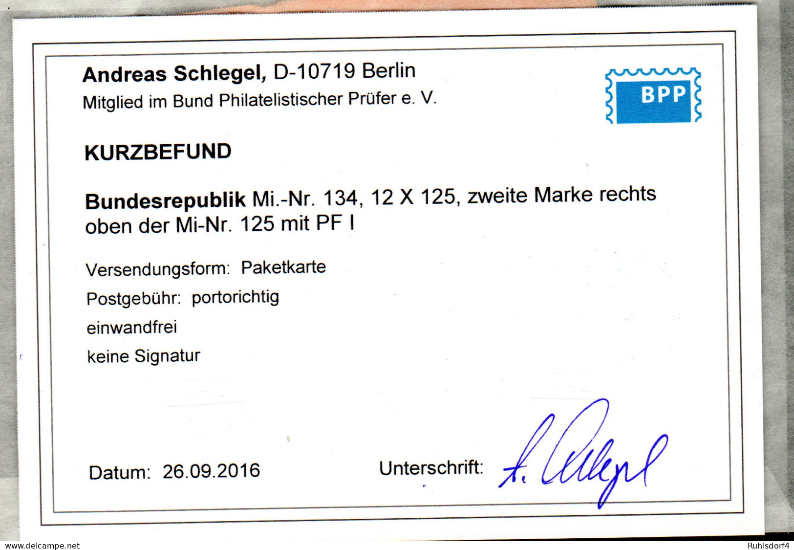 Bund. Posthorn-Paketkarte Mit Mi.-Nr. 125 I, Befund Schlegel. - Briefe U. Dokumente