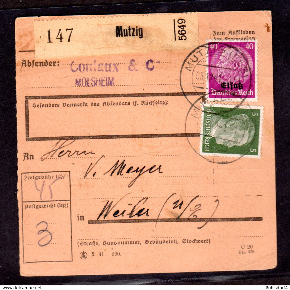 Dt. Besetzung Elsaß Paketkarte Mischfr. Elsaß/DR - Besetzungen 1938-45