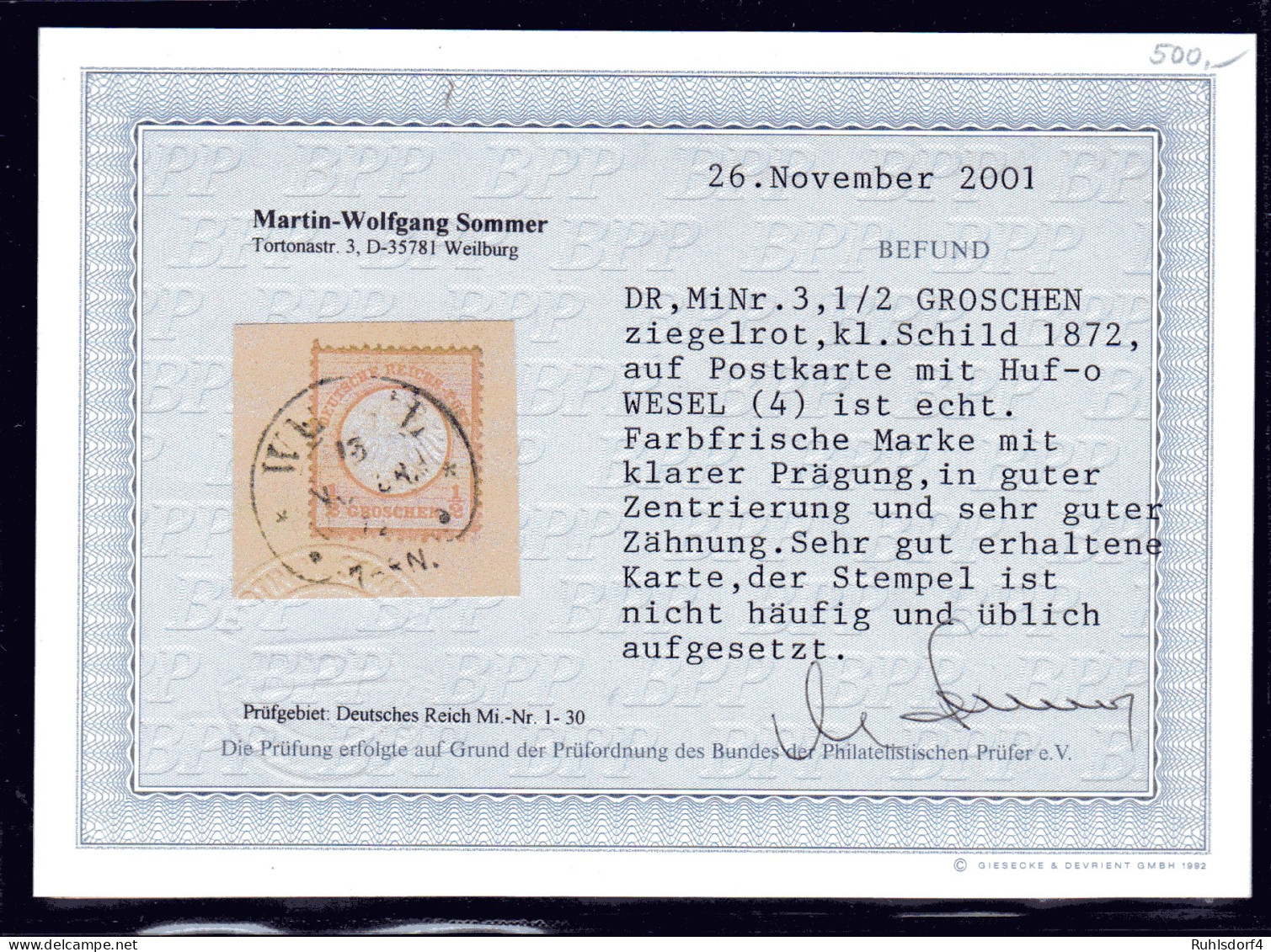 Hufeisen-St Wesel 40 Auf DR. Mi.-Nr. 3., Befund Sommer - Lettres & Documents