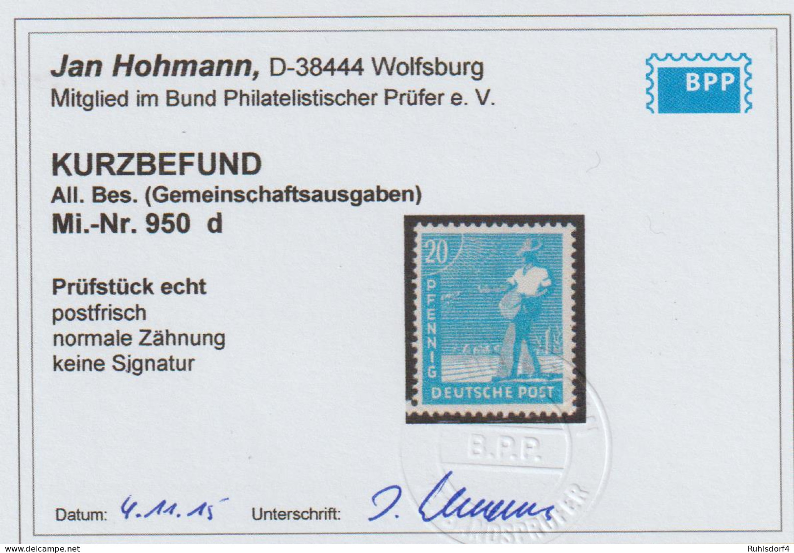 Gem.-ausg. 20 Pfg. AS:in Farbe "d", **, Befund Hohmann - Sonstige & Ohne Zuordnung