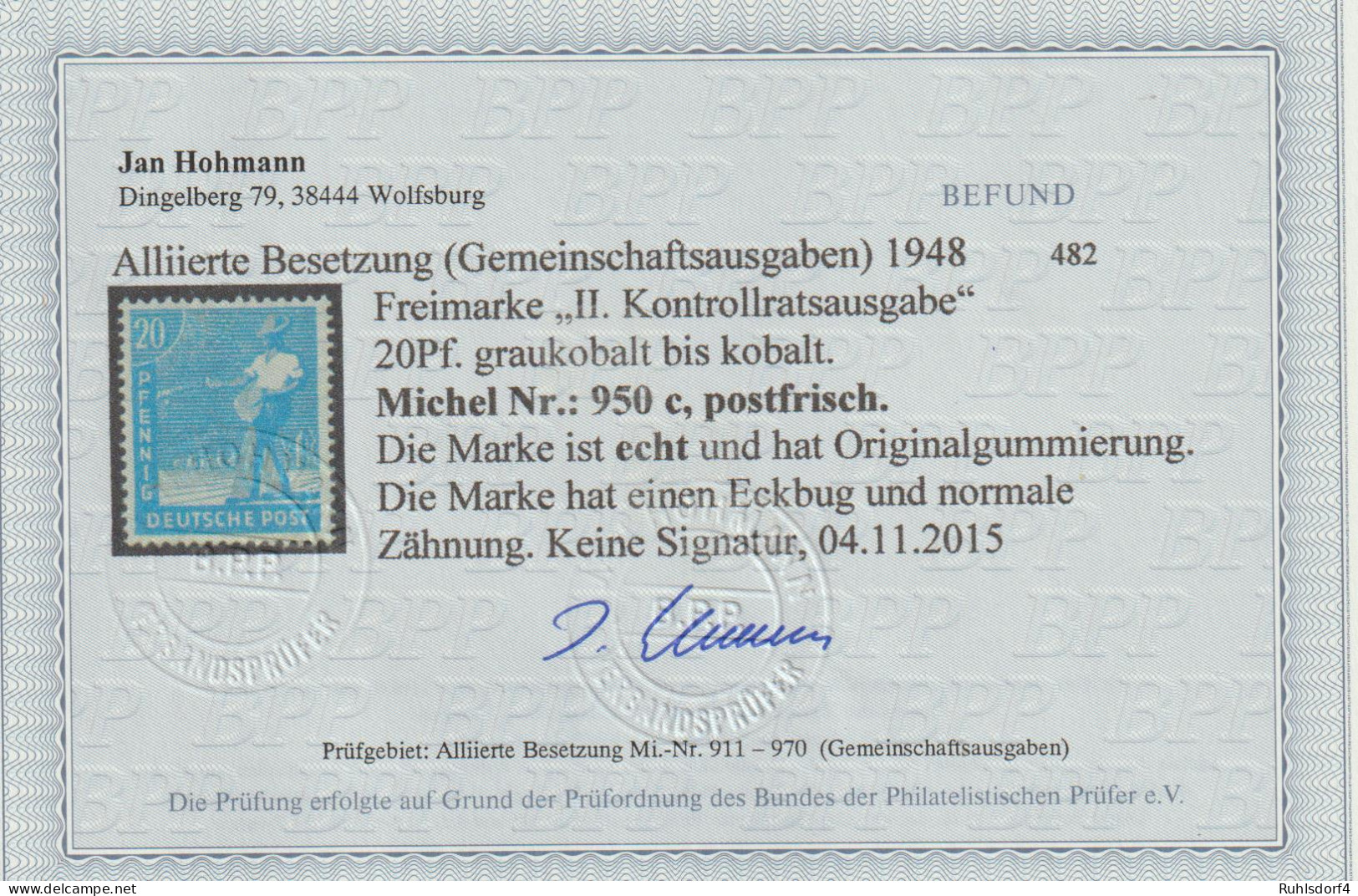 Gem.-ausg. 20 Pfg. AS:in Farbe "c", **, Befund Hohmann BPP - Sonstige & Ohne Zuordnung