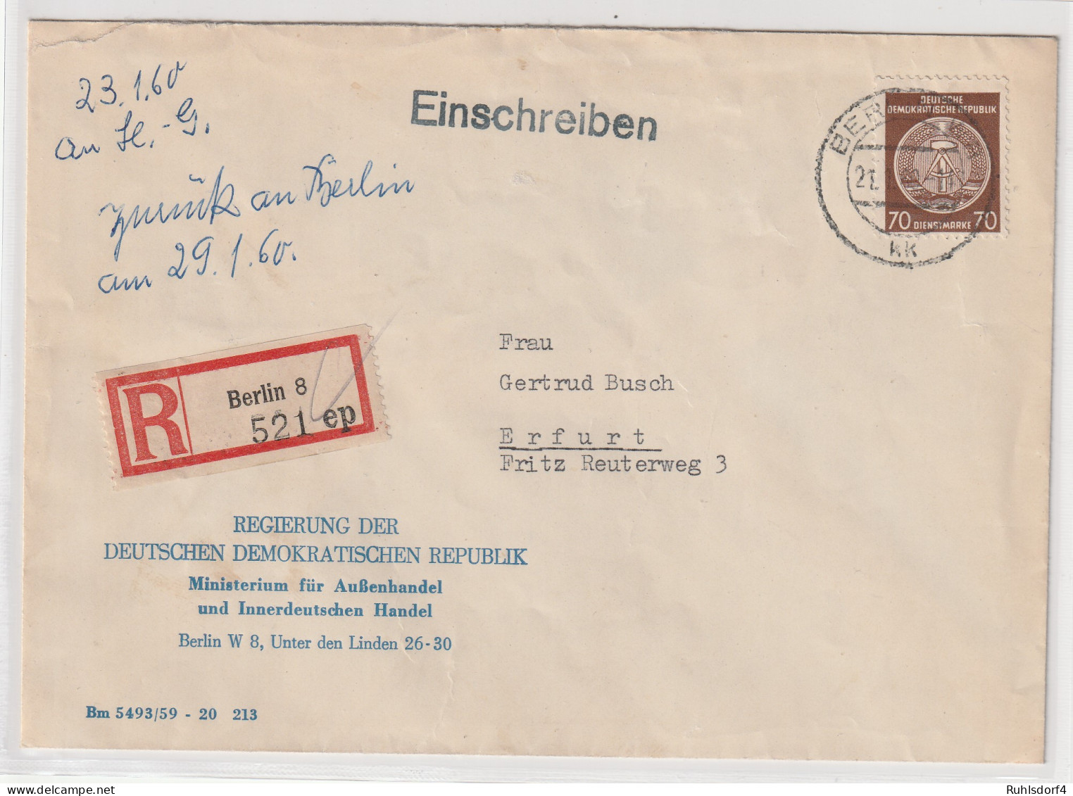 DDR-Dienstpost: Einschreibbrief Mit EF Nr. 41, Geprüft:  - Other & Unclassified