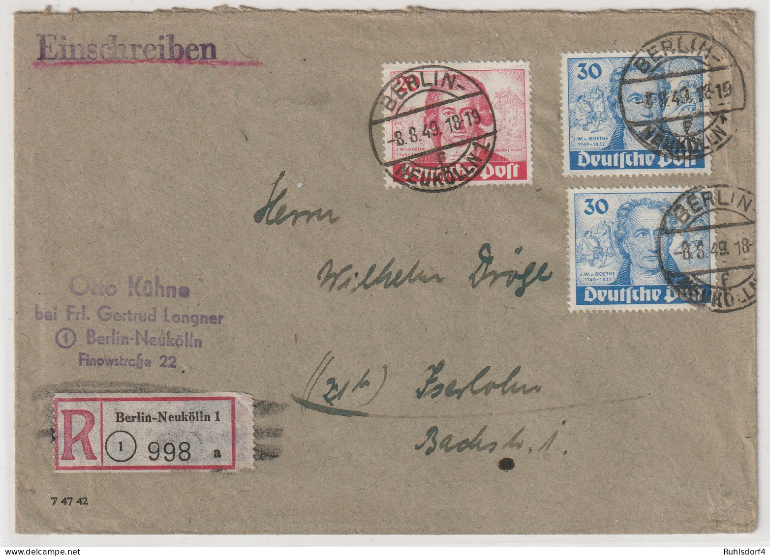 Berlin Goethe: Einschreibbrief Mit 20 Und 30 (2x) Pfg. Goethe - Storia Postale