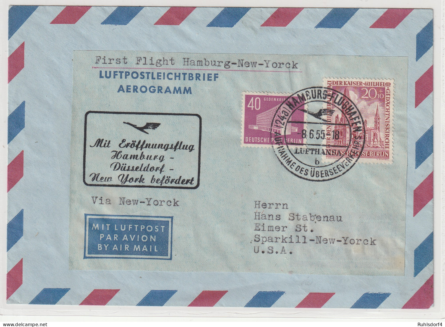 Berlin - Gedächtniskirche:: 20 Pfg. Auf Aerogramm (Erstflug N.Y.) - Cartas & Documentos