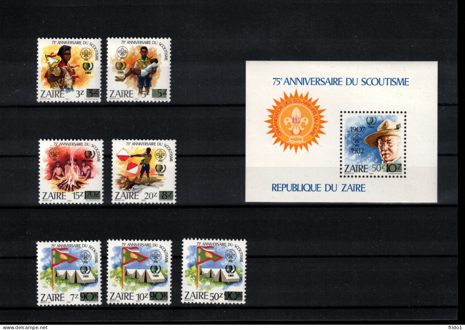 Zaire 1985 75th Anniversary Of Scouting - International Year Of Youth Overprint Set+block Postfrisch / MNH - Unused Stamps