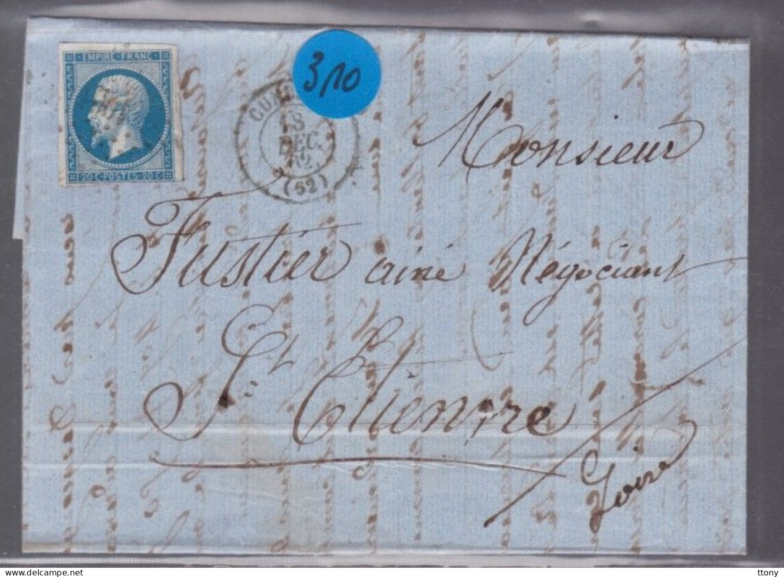 Un  Timbre  Napoléon III N° 14     20 C Bleu  Lettre La Ganille    1862   Destination  St -Etienne - 1862 Napoleone III