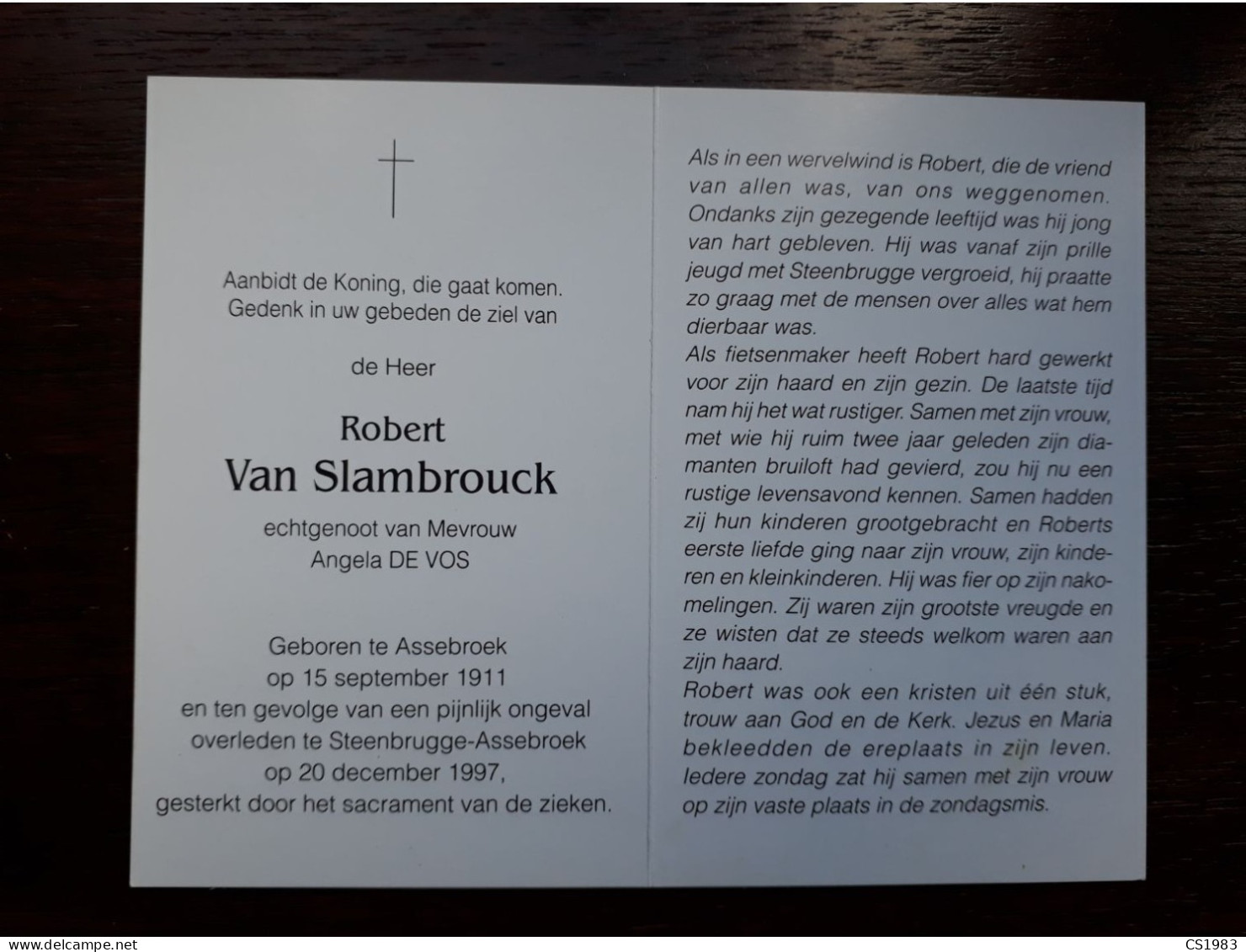 Robert Van Slambrouck ° Assebroek 1911 + Steenbrugge-Assebroek 1997 X Angela De Vos - Todesanzeige