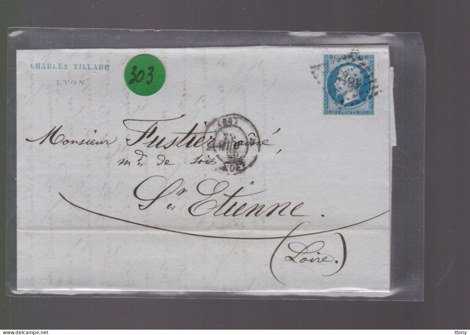 Un  Timbre  Napoléon III N° 14     20 C Bleu  Lettre Cachet Lyon    1862   Destination  St -Etienne - 1862 Napoléon III