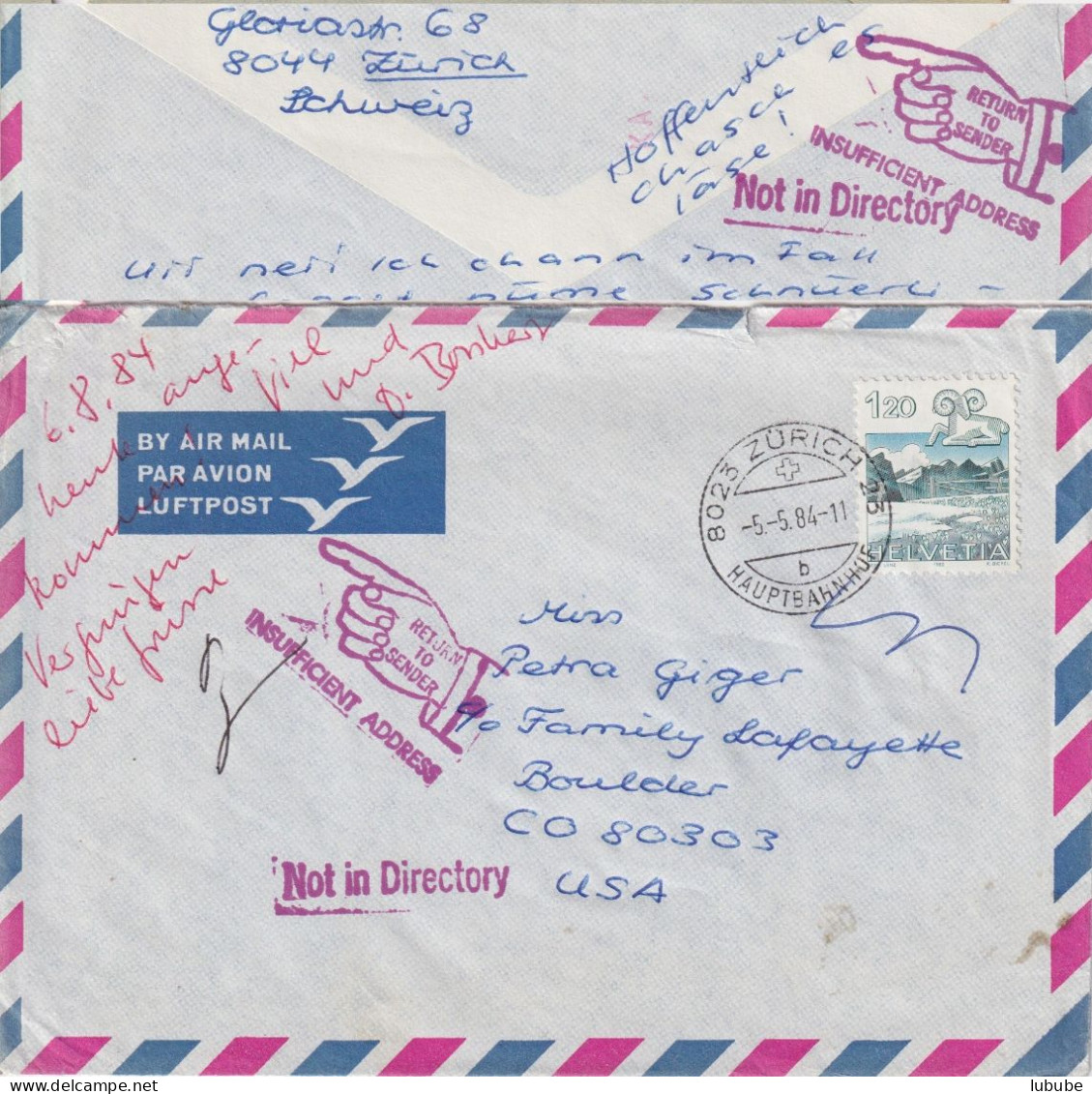 Airmail Brief  Zürich Hauptbahnhof - Boulder CO  (Return To Sender)       1984 - Storia Postale