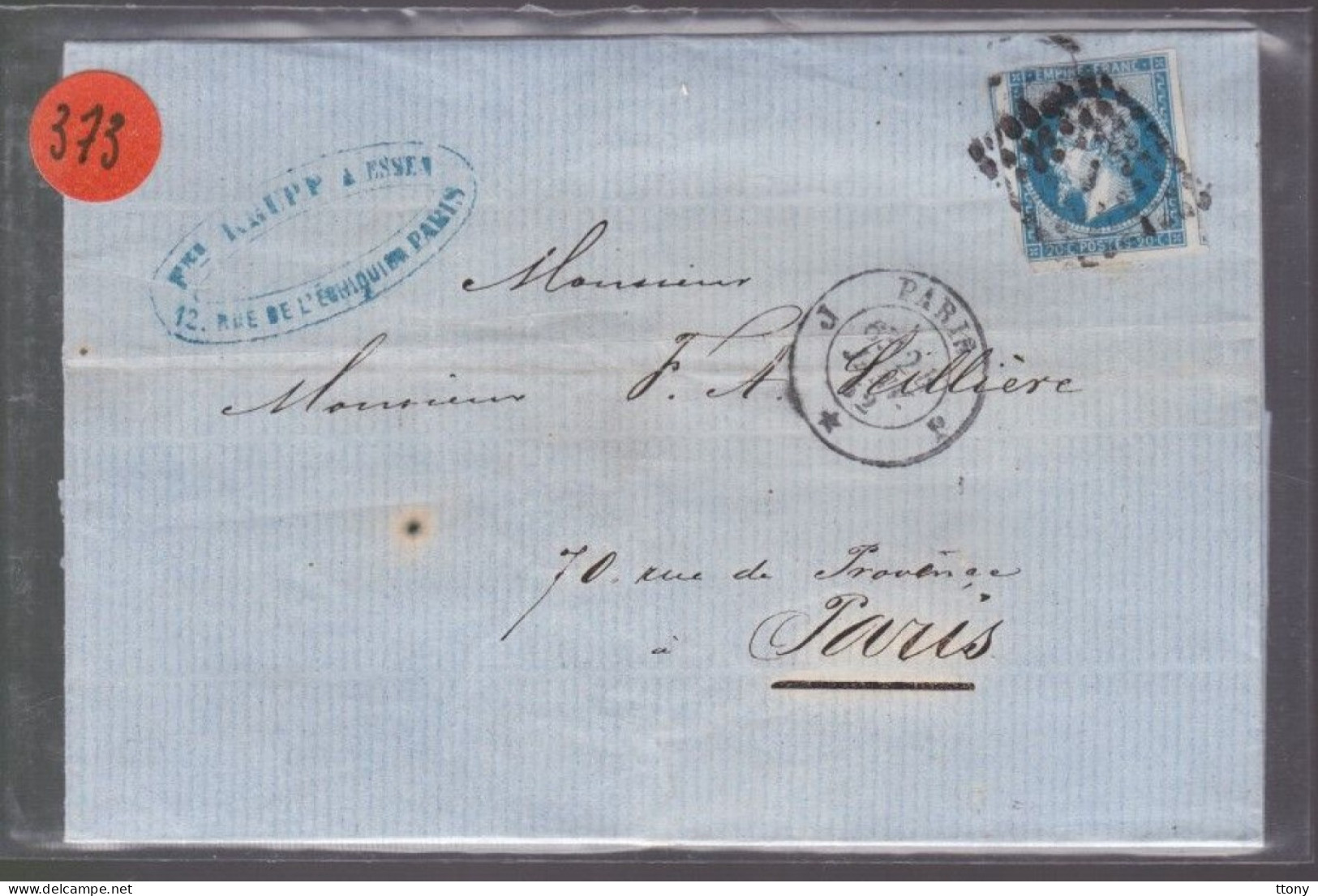 Un  Timbre  Napoléon III N° 14     20 C Bleu  Lettre Cachet Paris     1862   Destination  Paris - 1849-1876: Periodo Classico