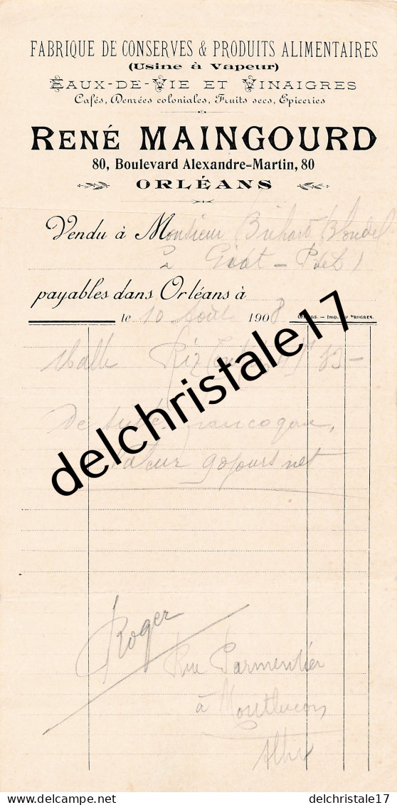 45 0064 ORLÉANS LOIRET 1908 Fabrique Conserves & Produits Alimentaires MAINGOURD Bld Alexandre MARTIN à BLONDEL - Alimentaire