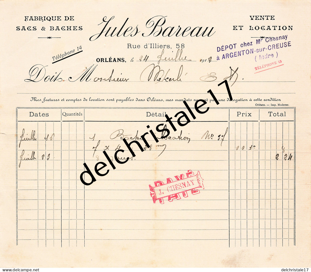 45 0059 ORLEANS LOIRET 1912 Fabrique Sacs Baches Jules BAREAU Rue D'Illiers Dépôt M. CHESNAY Argenton/Creuse à MÉKERLÉ - 1900 – 1949