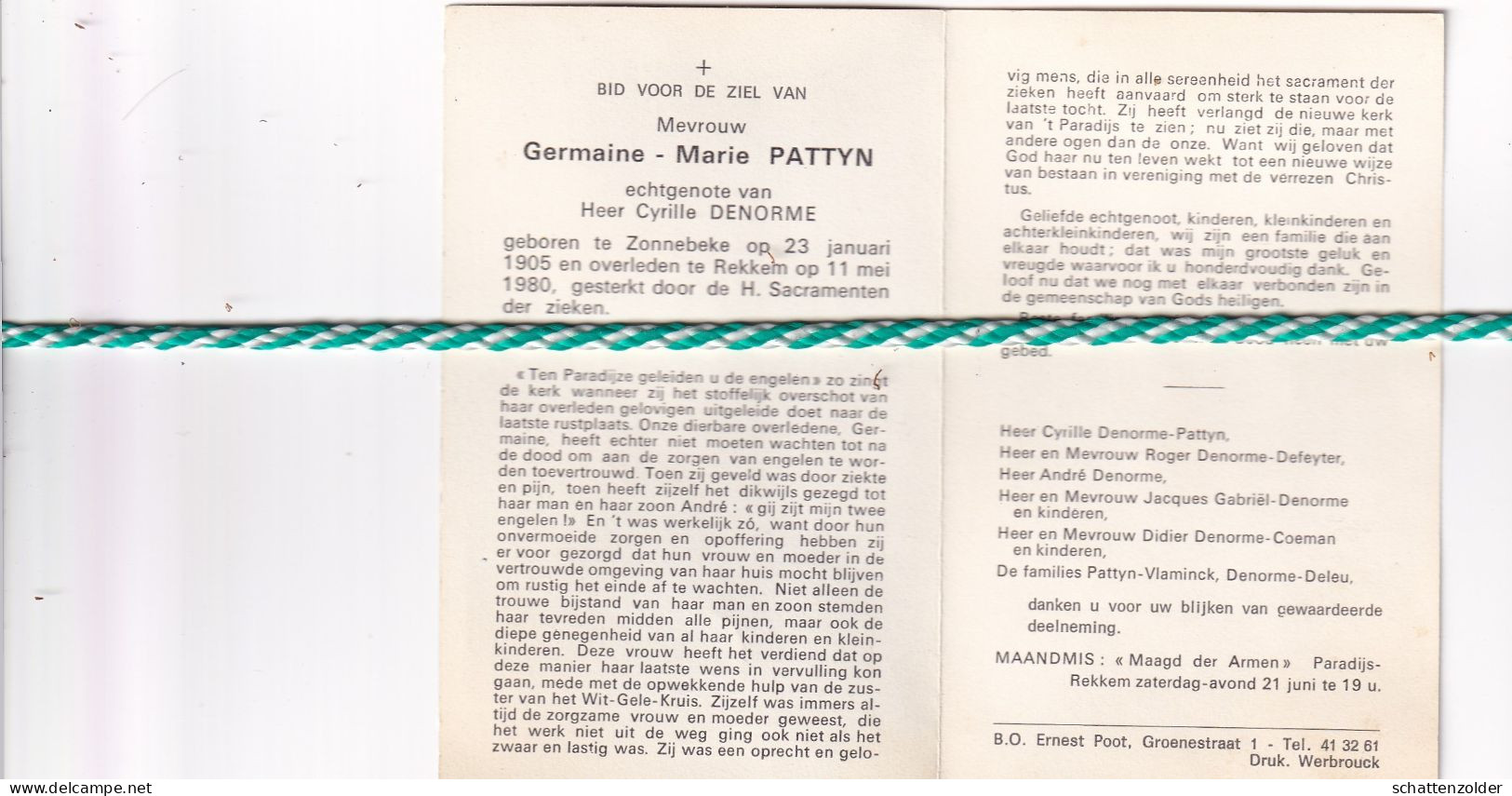 Germaine Marie Pattyn-Denorme, Zonnebeke 1905, Rekkem 1980 - Todesanzeige