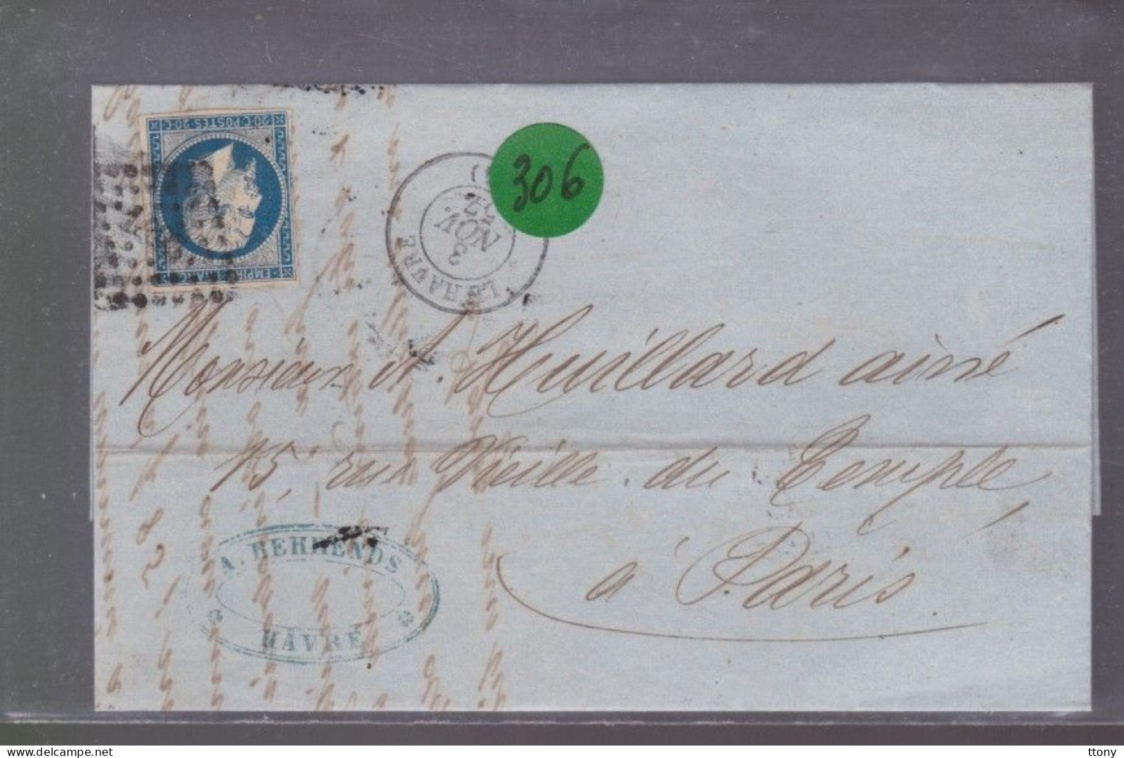 Un  Timbre  Napoléon III N° 14     20 C Bleu  Lettre Cachet  Le Havre     1857    Destination  Paris - 1853-1860 Napoleone III