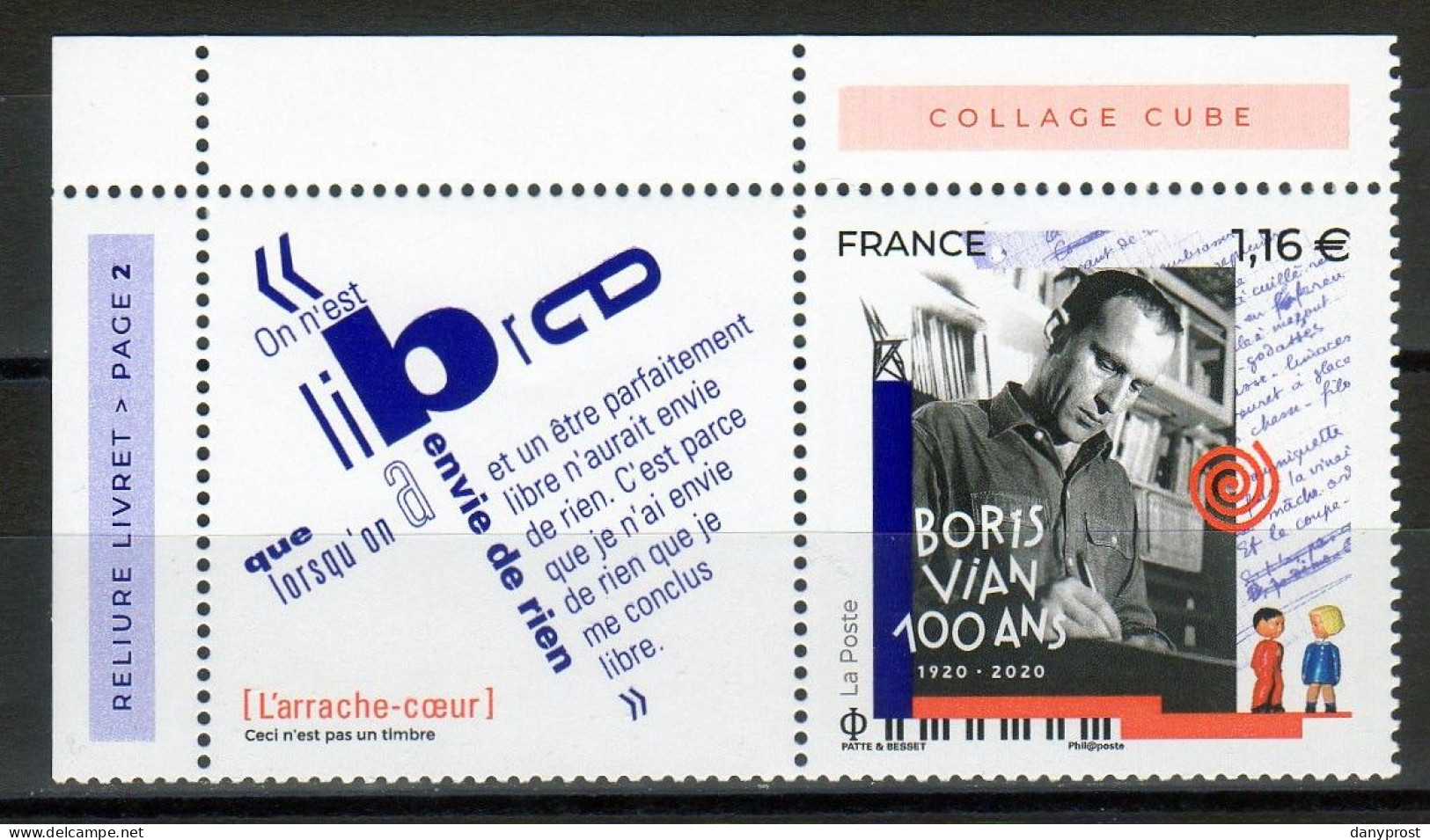 FR 2020--" BORIS VIAN 100 Ans " Avec Vignette - 1t   à 1.16 € -1 Marge Gauche  Très Illustrée-neuf** - Ungebraucht