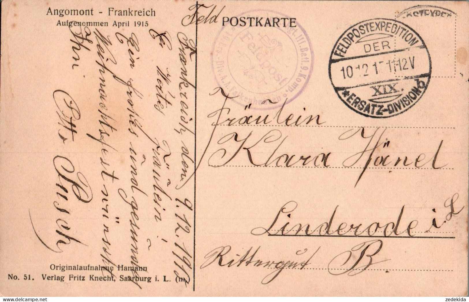 H1680 - Angomont - Feldpost 1. WK WW - Fritz Knecht  - Hamann - Falkenhausen - Baccarat