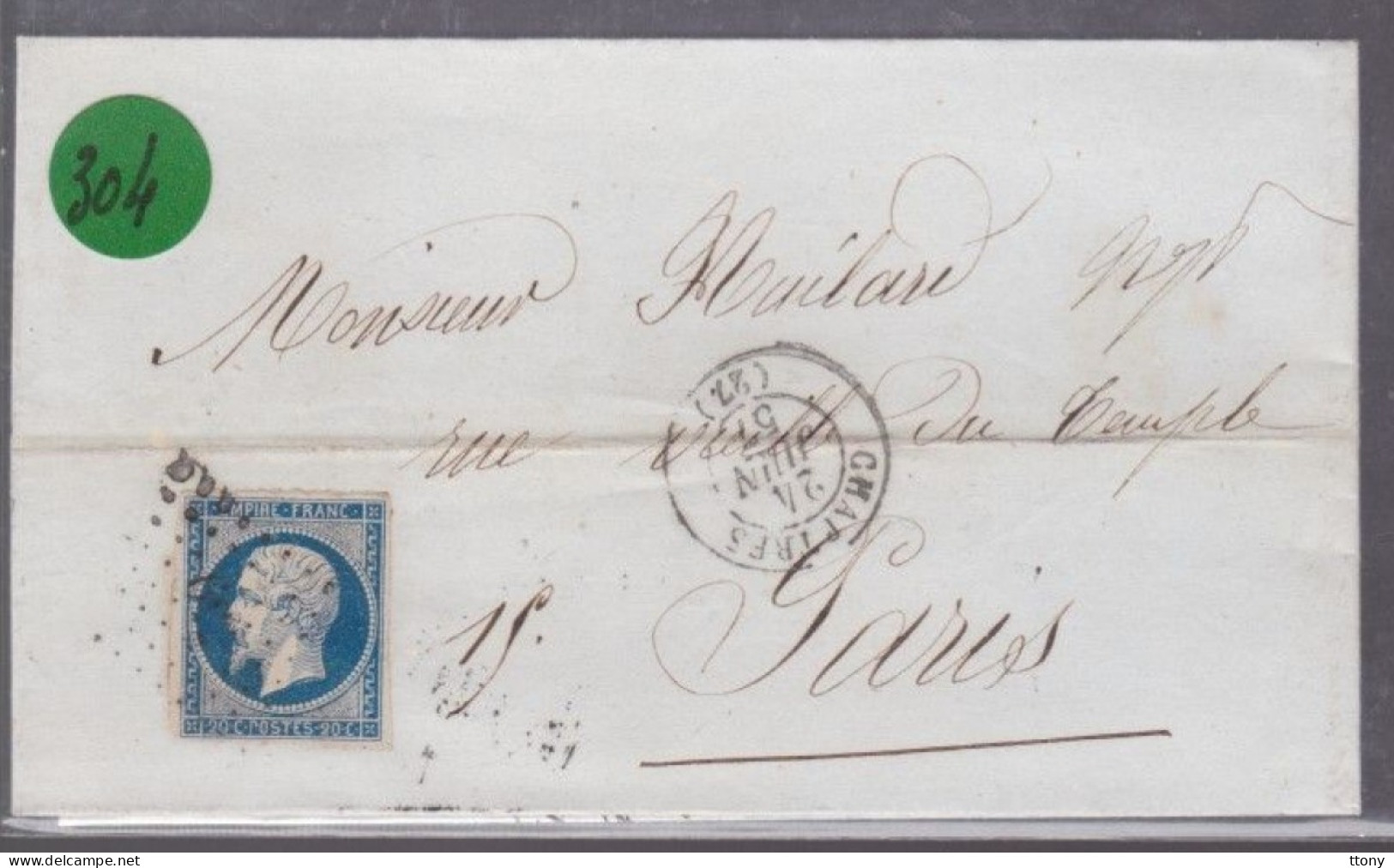 Un  Timbre  Napoléon III N° 14     20 C Bleu  Lettre Cachet  Chartres       1857    Destination  Paris - 1853-1860 Napoléon III