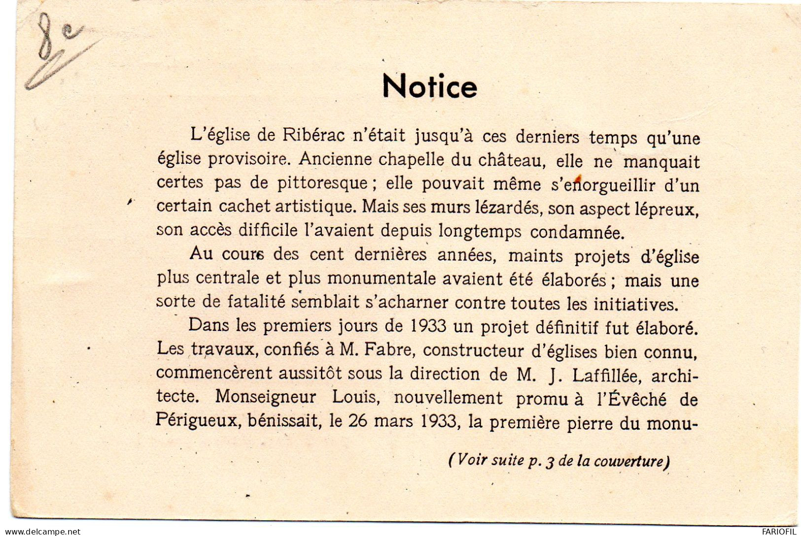 Eglise Notre Dame De RIBERAC - Inauguration Le 11 Mars 1934 Par Monseigneur Louis . - Riberac