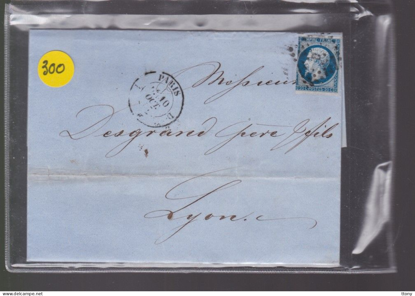 Un  Timbre  Napoléon III N° 14     20 C Bleu  Lettre Cachet  Paris       1855    Destination  Lyon - 1853-1860 Napoleon III