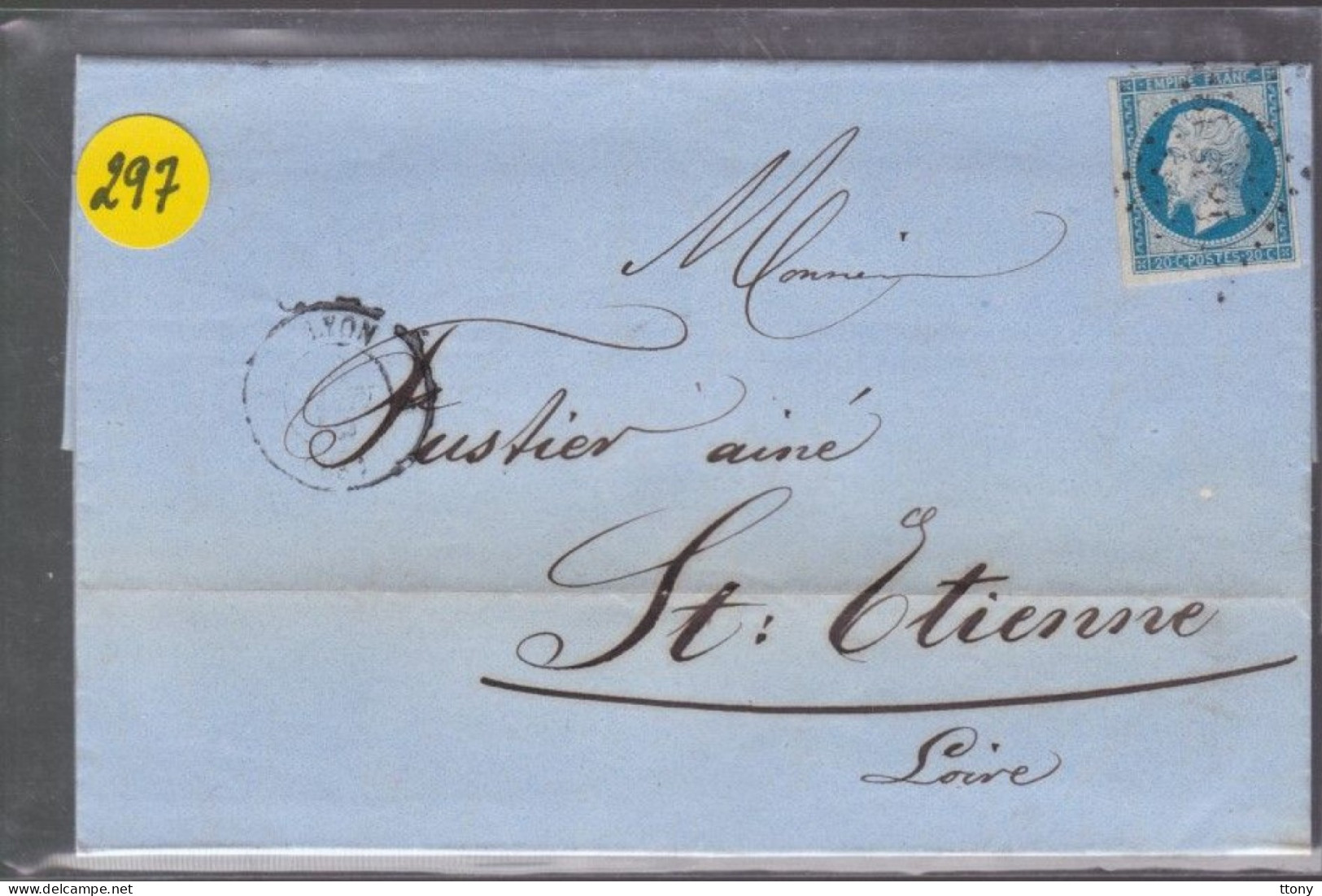 Un  Timbre  Napoléon III N° 14     20 C Bleu  Lettre Lyon         1859    Destination   St -Etienne - 1853-1860 Napoléon III