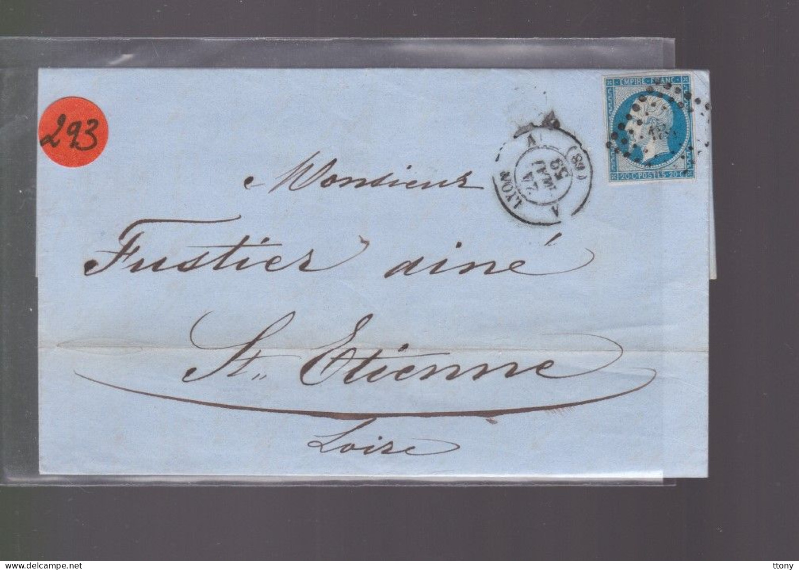 Un  Timbre  Napoléon III N° 14     20 C Bleu  Lettre Lyon         1859    Destination   St -Etienne - 1853-1860 Napoléon III