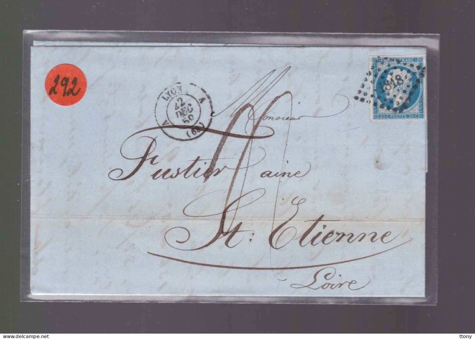 Un  Timbre  Napoléon III N° 14     20 C Bleu  Lettre Lyon         1859    Destination   St -Etienne - 1853-1860 Napoléon III