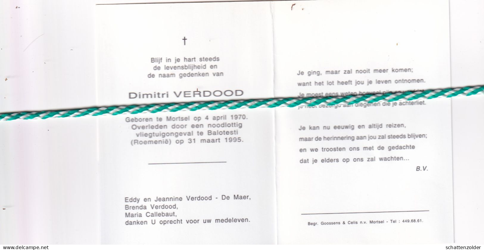 Dimitri Verdood, Mortsel 1970, Vliegtuigongeval Balotesti (Roemenië) 1995. Foto - Obituary Notices