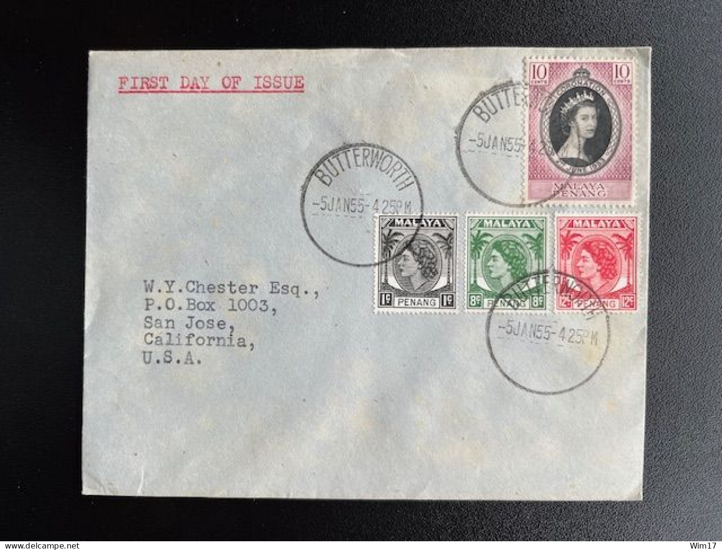 MALAYA PENANG 1955 LETTER BUTTERWORTH TO SAN JOSE USA 05-01-1955 FDC - Penang