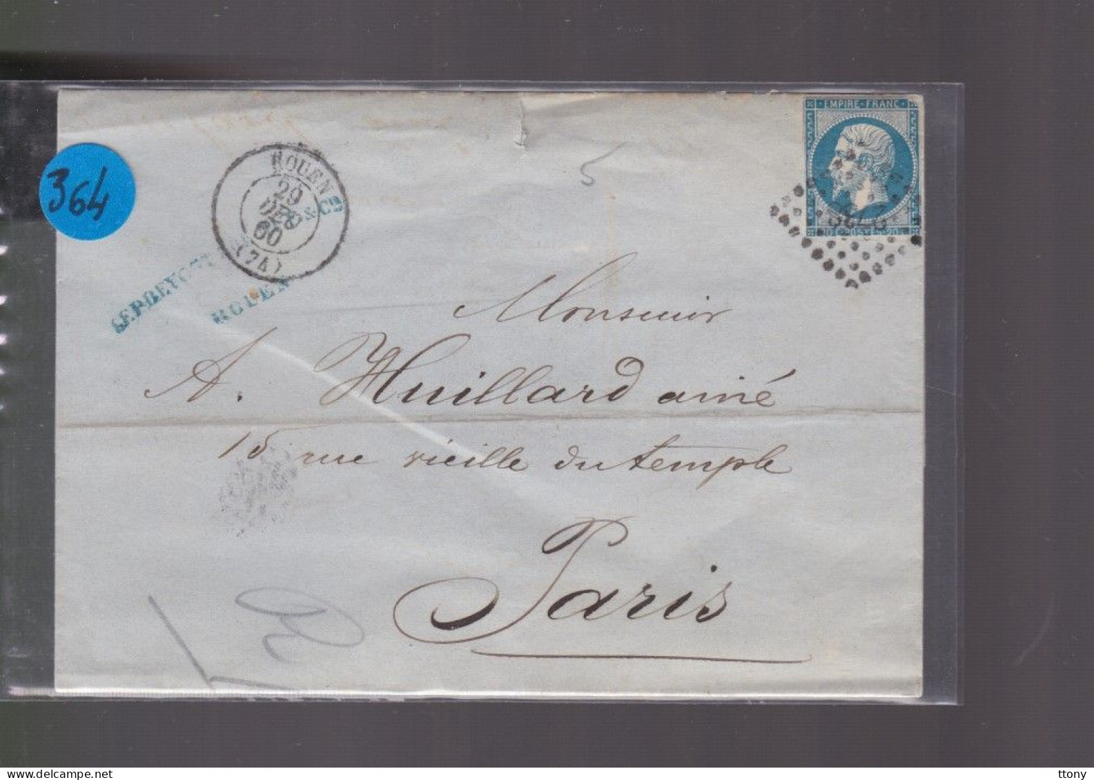 Un  Timbre  Napoléon III N° 14     20 C Bleu  Lettre  Cachet Rouen     1860    Destination   Paris - 1853-1860 Napoléon III