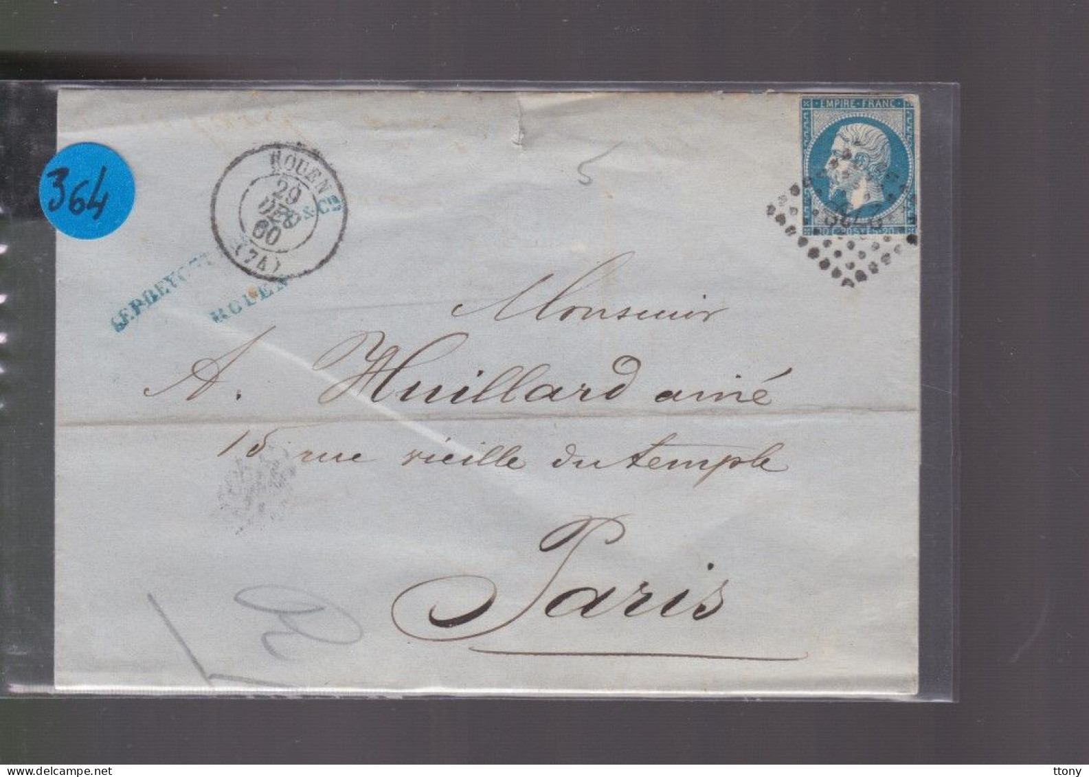 Un  Timbre  Napoléon III N° 14     20 C Bleu  Lettre  Cachet Rouen     1860    Destination   Paris - 1853-1860 Napoléon III.