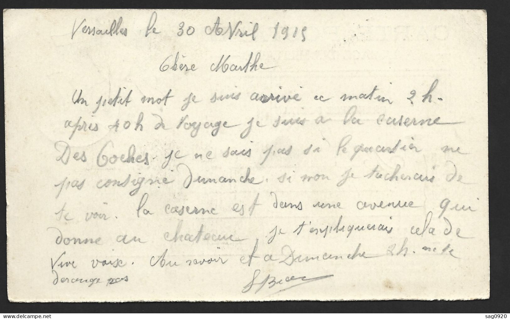 Correspondance Militaire-Franchise Postale-Versailles  1915 - Guerra Del 1914-18