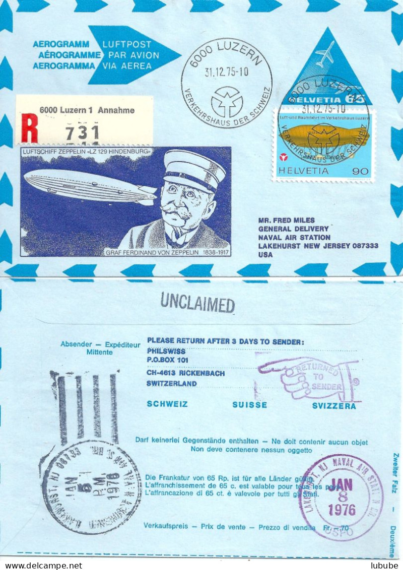 R Aerogramm 3-PrZD-4  "Graf Friedrich Von Zeppelin - LZ 129"  Luzern - Lakehurst      1975 - Stamped Stationery