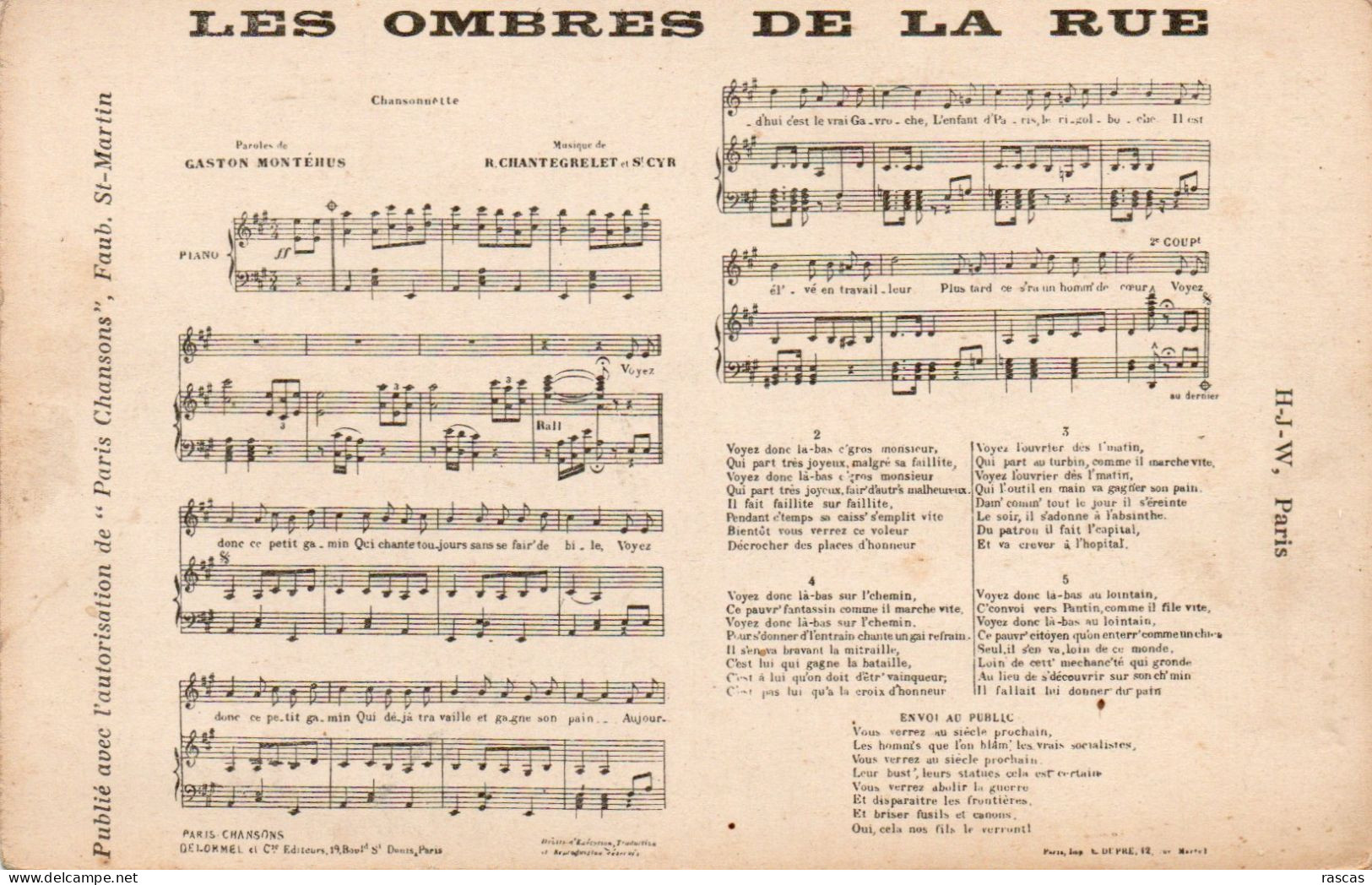 CPA - P - CHANSON - PARTITION ET PAROLES DE LA CHANSON LES OMBRES DE LA RUE - - Autres & Non Classés