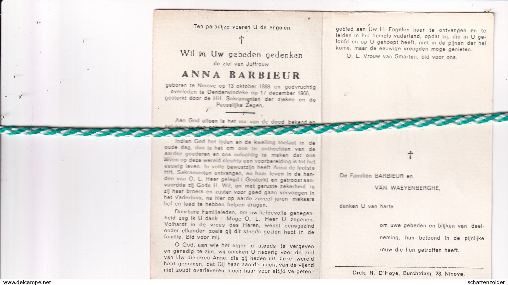 Anna Barbieur, Ninove 1888, Denderwindeke 1966 - Obituary Notices